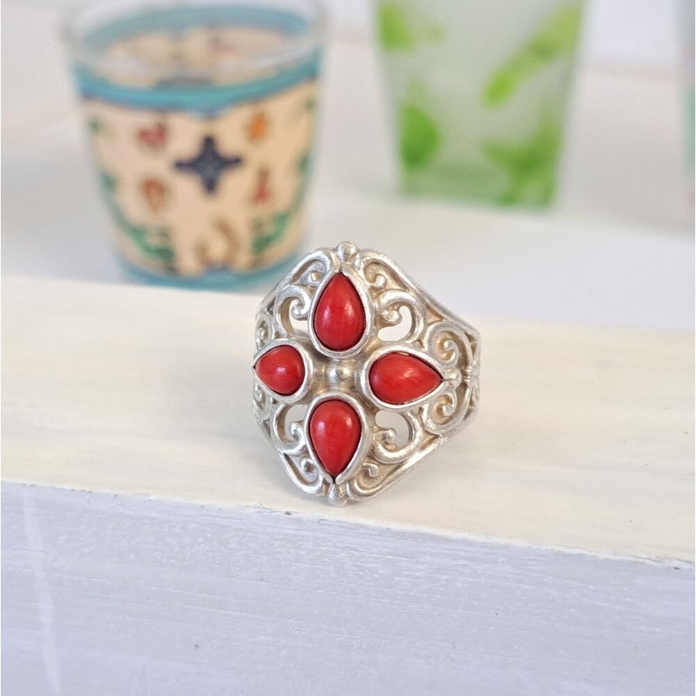 Vintage Coral Cluster Southwestern Filigree Sterling Ring by Artist Carolyn Poll - Picture 5 of 15